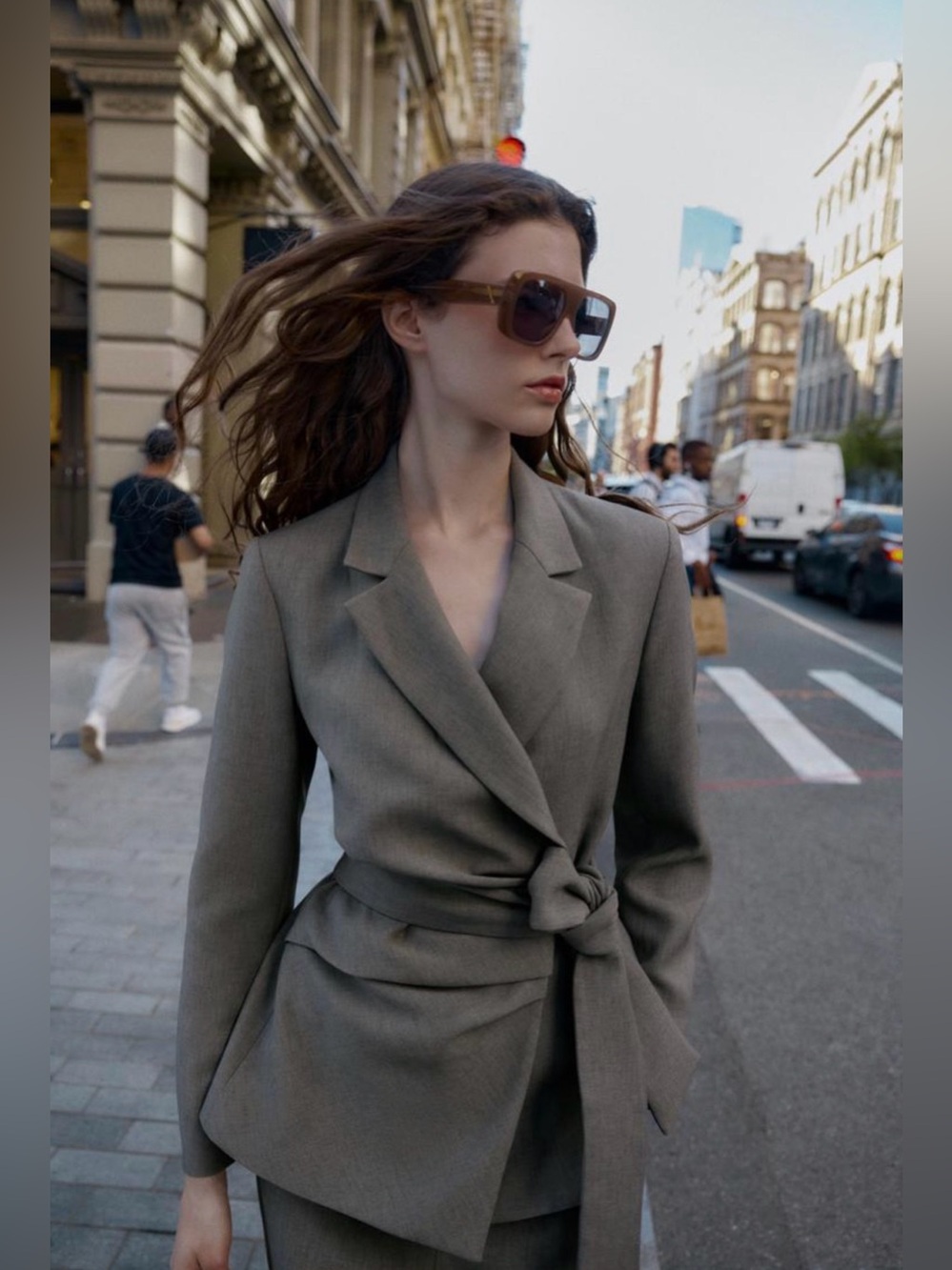 Zara Blazer Asymmetrical Pleated Draped Front Waist Shoulder Pads Belted Gray